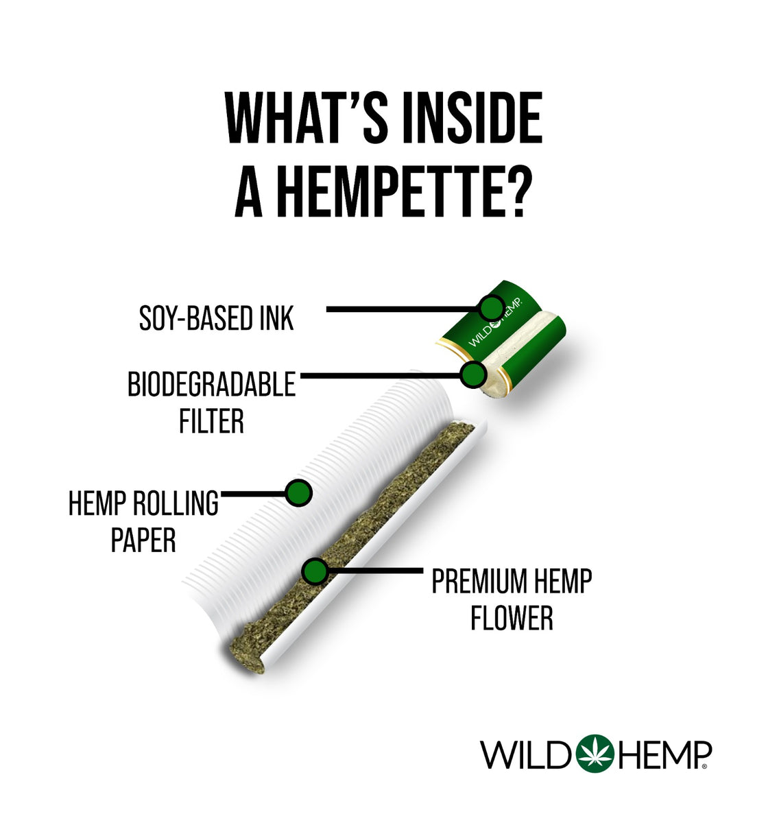 What is inside a Hempette (Wild Hemp's CBD cigarette)? 1. Biodegradable acetate filter with soy-based ink. 2. 100% hemp rolling paper. 3. Premium Hemp Flower.  