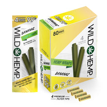 Load image into Gallery viewer, Bananaz flavor hemp wraps showing a display box, a four count pouch, and four pre-rolled filter tips
