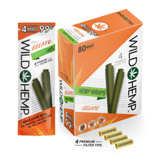 Load image into Gallery viewer, Gelato flavor hemp wraps showing a display box, a four count pouch, and four pre-rolled filter tips