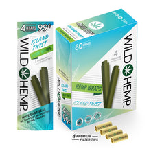 Load image into Gallery viewer, Island Twist flavor hemp wraps showing a display box, a four count pouch, and four pre-rolled filter tips