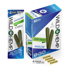 Load image into Gallery viewer, Razzletaz flavor hemp wraps showing a display box, a four count pouch, and four pre-rolled filter tips