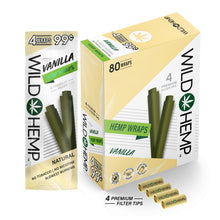 Load image into Gallery viewer, Vanilla flavor hemp wraps showing a display box, a four count pouch, and four pre-rolled filter tips