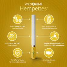 Load image into Gallery viewer, Wild Hemp Pineapple Blaze Hempettes (CBD cigarettes) Benefits. Over 75 mg of CBD per stick (Hempette), less than 0.03% THC, Third party tested, organic hemp grown in America, and fruity pineapple flavor