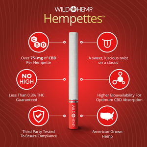 Wild Hemp Sweet Hempettes (CBD cigarettes) Benefits. Over 75 mg of CBD per stick (Hempette), less than 0.03% THC, Third party tested, organic hemp grown in America, and sweet flavor