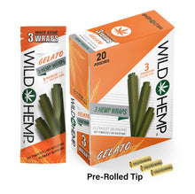 Load image into Gallery viewer, Gelato flavor hemp wraps showing a display box, a three count pouch, and three pre-rolled filter tips