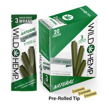 Load image into Gallery viewer, Naturalflavor hemp wraps showing a display box, a three count pouch, and three pre-rolled filter tips
