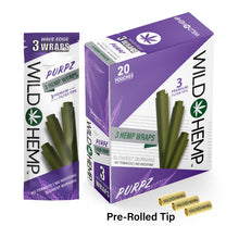 Load image into Gallery viewer, Purpz flavor hemp wraps showing a display box, a three count pouch, and three pre-rolled filter tips